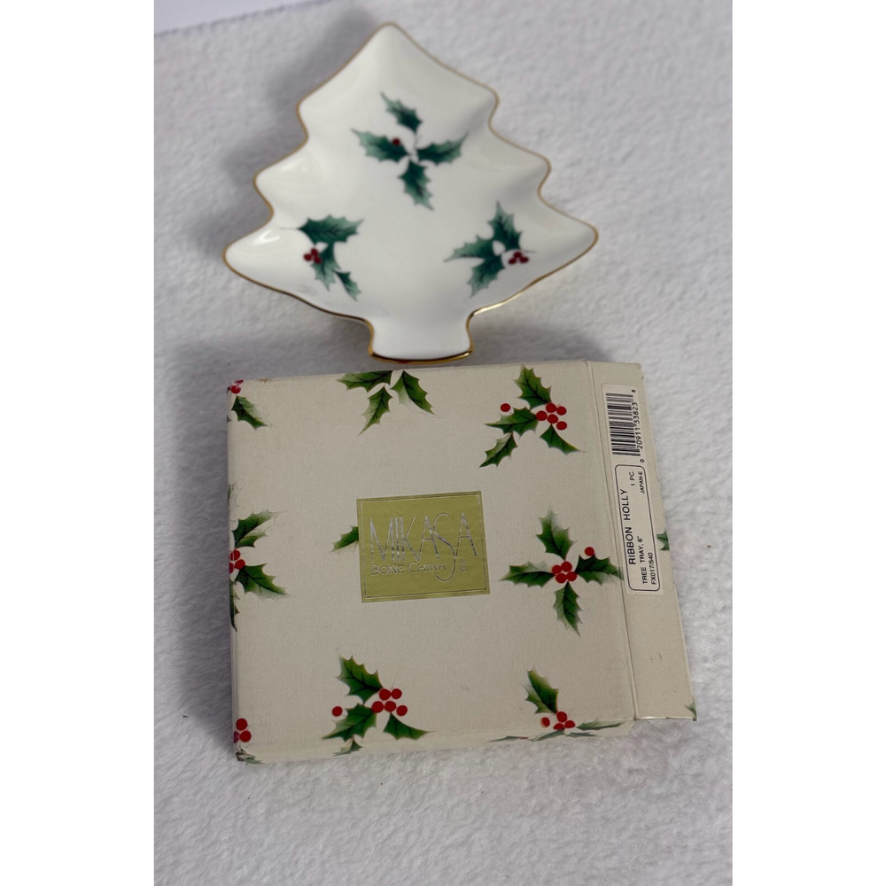 Christmas Tree Dish Mikasa Holly‎ Gold Trim Bone China 6 " Candy